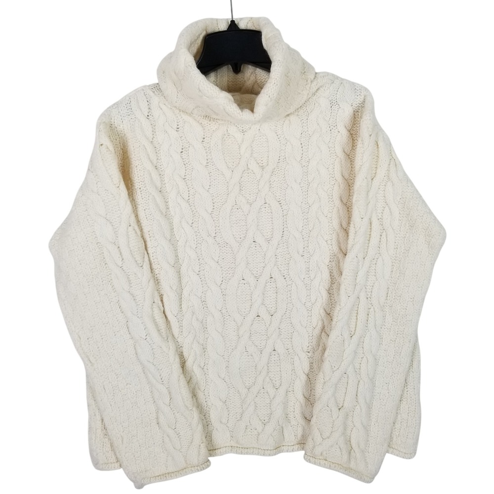 Inis Crafts Sweater Womens Medium Cream Merino Wool Cable Knit Cowl Neck Ireland